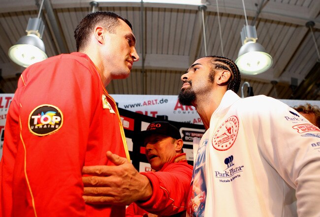 HAMBURG, GERMANY - JUNE 27:  Wladimir Klitschko (L) and David Haye attend a press conference on June 27, 2011 in Hamburg, Germany to preview the heavy weight title fight between them which will be held on the 2nd July 2011 at the Imtech Arena.  (Photo by Scott Heavey/Getty Images)