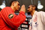 HAMBURG, GERMANY - JUNE 27:  Wladimir Klitschko (L) and David Haye attend a press conference on June 27, 2011 in Hamburg, Germany to preview the heavy weight title fight between them which will be held on the 2nd July 2011 at the Imtech Arena.  (Photo by Scott Heavey/Getty Images)