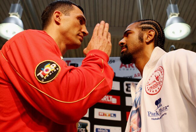 HAMBURG, GERMANY - JUNE 27:  Wladimir Klitschko (L) and David Haye attend a press conference on June 27, 2011 in Hamburg, Germany to preview the heavy weight title fight between them which will be held on the 2nd July 2011 at the Imtech Arena.  (Photo by Scott Heavey/Getty Images)