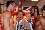 HAMBURG, GERMANY - JULY 01:  Wladimir Klitschko (L) David Haye during the weigh in for their upcoming heavy weight title fight at Karstadt Sports shopping centre on July 1, 2011 in Hamburg, Germany.  (Photo by Scott Heavey/Getty Images)