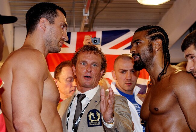HAMBURG, GERMANY - JULY 01:  Wladimir Klitschko (L) David Haye during the weigh in for their upcoming heavy weight title fight at Karstadt Sports shopping centre on July 1, 2011 in Hamburg, Germany.  (Photo by Scott Heavey/Getty Images)