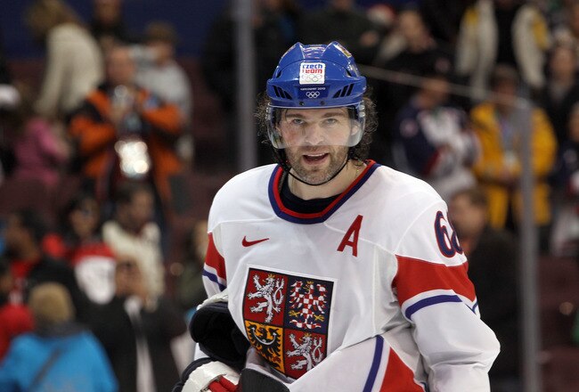 VANCOUVER, BC - FEBRUARY 19:  Jaromir Jagr #68 of Czech Republic looks on during the ice hockey men's preliminary game between Czech Republic and Latvia on day 8 of the Vancouver 2010 Winter Olympics at Canada Hockey Place on February 19, 2010 in Vancouver, Canada.  (Photo by Bruce Bennett/Getty Images)