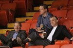 PITTSBURGH - MAY 10:  (L-R) President and C.O.O. of Comcast-Spectacor Peter Luukko, Assistant General Manager Barry Hanrahan and General Manager Paul Holmgren of the Philadelphia Flyers watch the off day skate of the NHL Eastern Conference Playoffs at the Mellon Arena May 10, 2008 in Pittsburgh, Pennsylvania.  (Photo by Bruce Bennett/Getty Images)