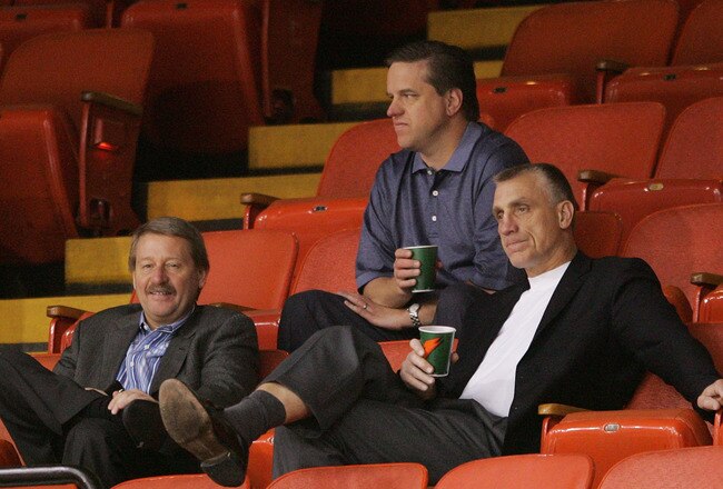 PITTSBURGH - MAY 10:  (L-R) President and C.O.O. of Comcast-Spectacor Peter Luukko, Assistant General Manager Barry Hanrahan and General Manager Paul Holmgren of the Philadelphia Flyers watch the off day skate of the NHL Eastern Conference Playoffs at the Mellon Arena May 10, 2008 in Pittsburgh, Pennsylvania.  (Photo by Bruce Bennett/Getty Images)