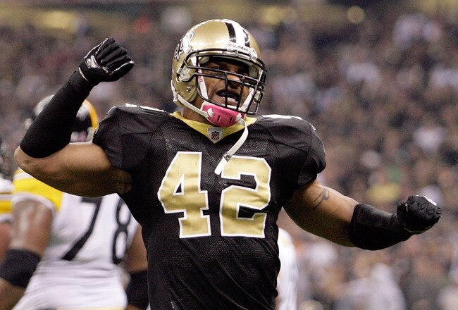 NEW ORLEANS - OCTOBER 31: Darren Sharper #42 of the New Orleans Saints celebrates a play against the Pittsburgh Steelers at the Louisiana Superdome on October 31, 2010 in New Orleans, Louisiana. (Photo by Matthew Sharpe/Getty Images)