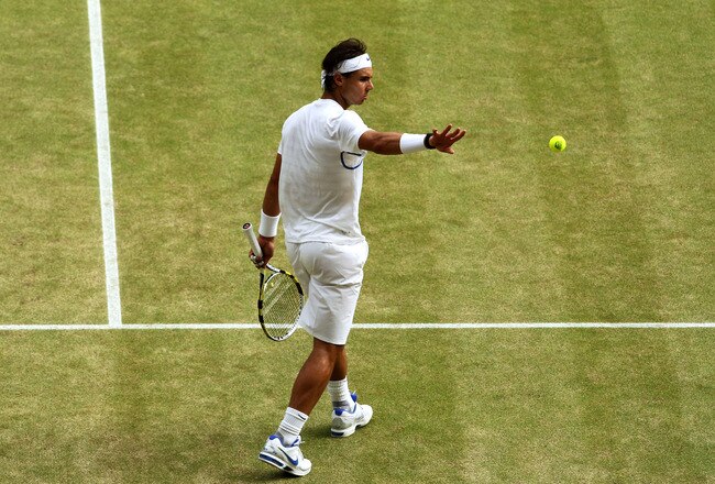 LONDON, ENGLAND - JULY 03:  Rafael Nadal of Spain in action during his final round Gentlemen's match against Novak Djokovic of Serbia on Day Thirteen of the Wimbledon Lawn Tennis Championships at the All England Lawn Tennis and Croquet Club on July 3, 2011 in London, England.  (Photo by Stephen Pond/Pool/Getty Images)