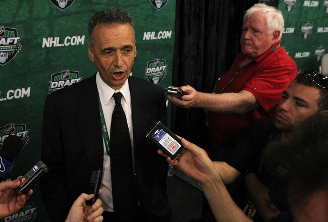 ST PAUL, MN - JUNE 25:  General manager Pierre Gauthier of the Montreal Canadiens answers questions after day two of the 2011 NHL Entry Draft at Xcel Energy Center on June 25, 2011 in St Paul, Minnesota.  (Photo by Bruce Bennett/Getty Images)
