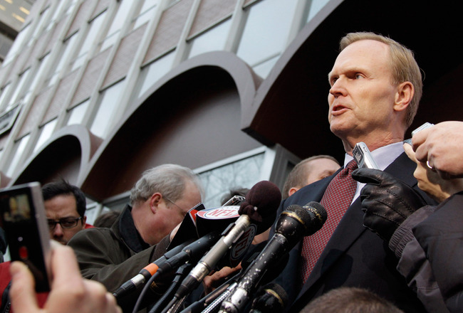 WASHINGTON, DC - MARCH 11:  New York Giants owner John Mara addresses the media at a news conference outside the Federal Mediation and Conciliation Service building March 11, 2011 in Washington, DC. The NFLPA has filed for decertification and will no longer be the exclusive collective bargaining representative for the players. Players will now be able to file antitrust lawsuits against the NFL.  (Photo by Rob Carr/Getty Images)