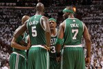 MIAMI, FL - MAY 01: Paul Pierce#34, Jermaine O'neal #7, Ray Allen #20, and Kevin Garnett #5  of the Boston Celtics talk  during game one of the Eastern Conference Semifinals of the 2011 NBA Playoffs against the Miami Heat at American Airlines Arena on May 1, 2011 in Miami, Florida. NOTE TO USER: User expressly acknowledges and agrees that, by downloading and/or using this Photograph, User is consenting to the terms and conditions of the Getty Images License Agreement.  (Photo by Mike Ehrmann/Getty Images)