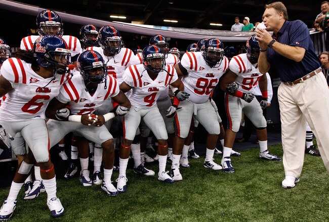 NEW ORLEANS - SEPTEMBER 11:  Head coach Houston Nutt of the Ole Miss Rebels waits to take the field with his team before playing the Tulane Green Wave at the Louisiana Superdome on September 11, 2010 in New Orleans, Louisiana.  (Photo by Chris Graythen/Getty Images)