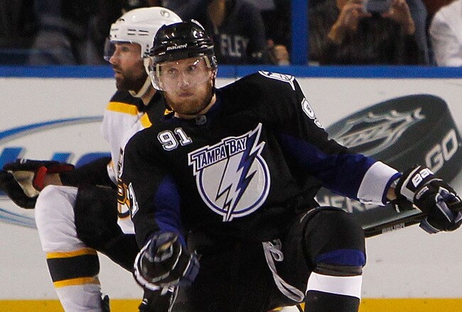 TAMPA, FL - MAY 25:  Steven Stamkos #91 of the Tampa Bay Lightning celebrates his third period goal against the Boston Bruins in Game Six of the Eastern Conference Finals during the 2011 NHL Stanley Cup Playoffs at St Pete Times Forum on May 25, 2011 in Tampa, Florida.  (Photo by Eliot J. Schechter/Getty Images)