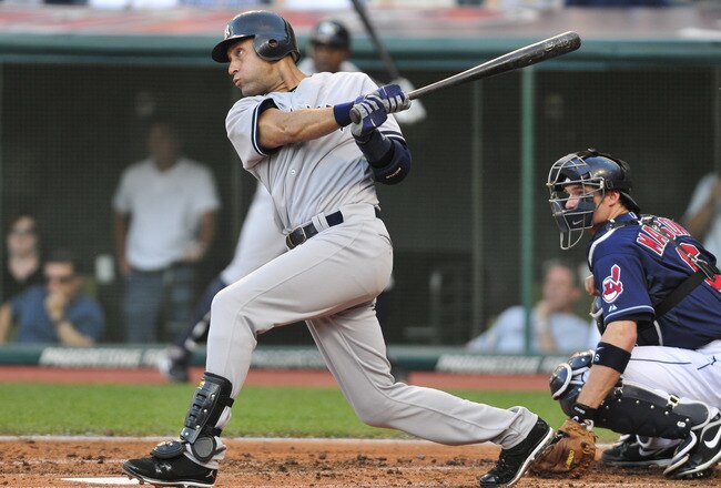 CLEVELAND, OH - JULY 5: Derek Jeter #2 of the New York Yankees hits a two-run RBI during the second inning against the Cleveland Indians at Progressive Field on July 5, 2011 in Cleveland, Ohio. (Photo by Jason Miller/Getty Images)