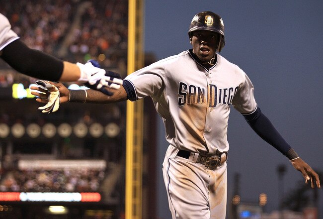 SAN FRANCISCO, CA - JULY 05:  Cameron Maybin #24 of the San Diego Padres celebrates after scoring on a single by teammate Anthony Rizzo #27 in the fifth inning against the San Francisco Giants at AT&T Park on July 5, 2011 in San Francisco, California.  (Photo by Jed Jacobsohn/Getty Images)