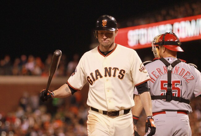 SAN FRANCISCO, CA - JUNE 09:  Aubrey Huff #17 of the San Francisco Giants walks back to the dugout after he struck out in the sixth inning against the Cincinnati Reds at AT&T Park on June 9, 2011 in San Francisco, California.  (Photo by Ezra Shaw/Getty Images)