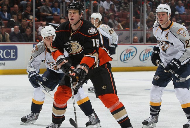 ANAHEIM, CA - APRIL 13:  Brad Winchester #19 of the Anaheim Ducks is pursued by Ryan Suter #20 of the Nashville Predators in Game One of the Western Conference Quarterfinals during the 2011 NHL Stanley Cup Playoffs at Honda Center on April 13, 2011 in Anaheim, California. The Predators defeated the Ducks 4-1.  (Photo by Jeff Gross/Getty Images)