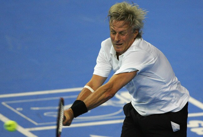 BELFAST, UNITED KINGDOM - FEBRUARY 21:  Bjorn Borg of Sweden in action against Jeremy Bates of England during the BlackRock Tour of Champions at the Odyssey Arena on February 21, 2008 in Belfast, Northern Ireland.  (Photo by Matthew Lewis/Getty Images)