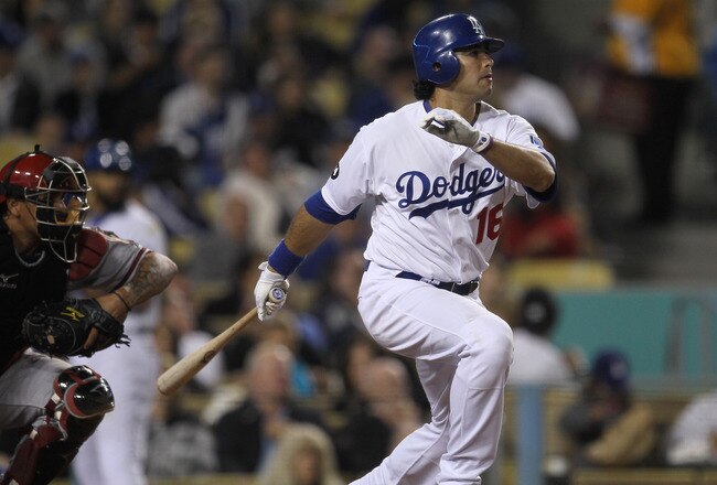 LOS ANGELES - MAY 13:   Andre Ethier #16 of the Los Angeles Dodgers hits an RBI infield single in the seventh inning against the Arizona Diamondbacks on May 13, 2011 at Dodger Stadium in Los Angeles, California.  (Photo by Stephen Dunn/Getty Images)