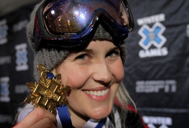 ASPEN, CO - JANUARY 23:  Sarah Burke of Whistler, Canada poses with her gold medal after winning the Women's Skiing Superpipe at Winter X Games 13 on Buttermilk Mountain on January 23, 2009 in Aspen, Colorado.  (Photo by Doug Pensinger/Getty Images)
