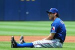 ATLANTA - JUNE 19: Ian Kinsler #5 of the Texas Rangers reacts after falling while chasing a pop fly against the Atlanta Braves at Turner Field on June 19, 2011 in Atlanta, Georgia. (Photo by Scott Cunningham/Getty Images)