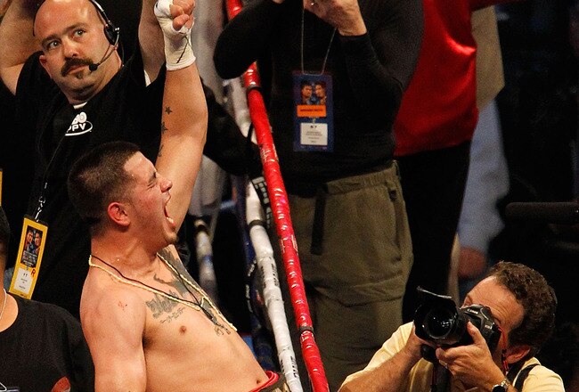 ARLINGTON, TX - NOVEMBER 13:  Brandon Rios (brown trunks) celebrates after he won his match against Omri Lowther during their Super Lightweight bout at Cowboys Stadium on November 13, 2010 in Arlington, Texas.  (Photo by Tom Pennington/Getty Images)