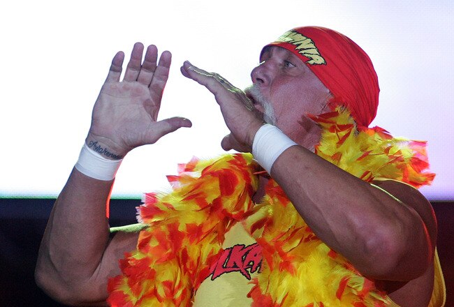 PERTH, AUSTRALIA - NOVEMBER 24:  Hulk Hogan enters the stage prior to his bout against Ric Flair during the Hulkamania Tour at the Burswood Dome on November 24, 2009 in Perth, Australia.  (Photo by Paul Kane/Getty Images)
