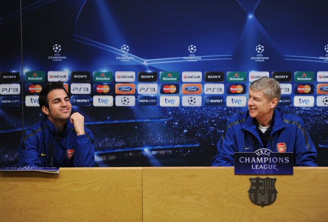 BARCELONA, SPAIN - MARCH 07:  Arsene Wenger (R), Manager of Arsenal sits besides player Cesc Fabregas during a press conference ahead of their UEFA Champions League round of 16 second leg match against Barcelona at the Camp Nou stadium on March 7, 2011 in Barcelona, Spain.  (Photo by Jasper Juinen/Getty Images)