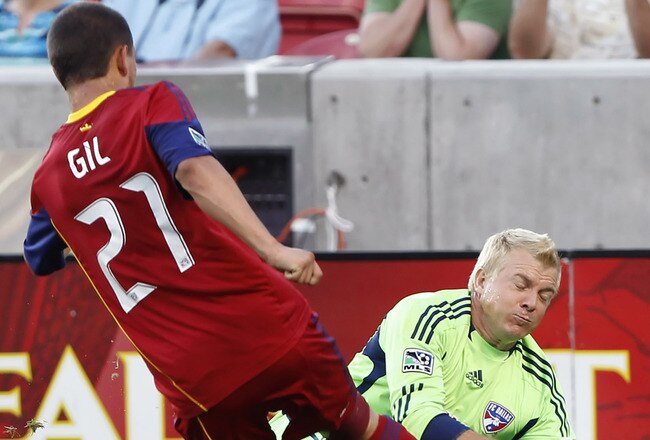 SANDY, UT - JULY 9: Goalkeeper Kevin Hartman #1 of FC Dallas blocks a shot on gaol by Luis Gil #21 of Real Salt Lake during the first half of an MLS soccer game July 9, 2011 at Rio Tinto Stadium in Sandy, Utah. (Photo by George Frey/Getty Images)