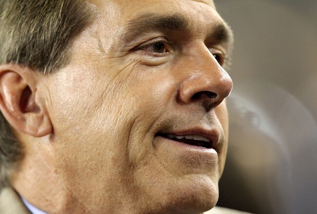 GLENDALE, AZ - JANUARY 10:  Head coach Nick Saban of the Alabama Crimson Tide looks on from the sideline during the Tostitos BCS National Championship Game at University of Phoenix Stadium on January 10, 2011 in Glendale, Arizona.  (Photo by Ronald Martinez/Getty Images)