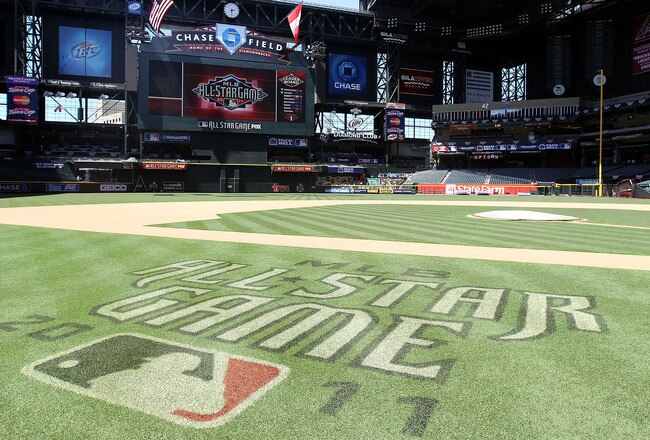 PHOENIX, AZ - JULY 09:  Detail of the MLB All-Star game logo on the field at Chase Field on July 9, 2011 in Phoenix, Arizona.  The 2011 MLB All-Star game will be held on July 12, at Chase Field.  (Photo by Christian Petersen/Getty Images)