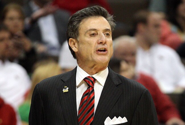 DENVER, CO - MARCH 17:  Head coach Rick Pitino of the Louisville Cardinals shouuts from the sidelines against the Morehead State Eagles during the second round of the 2011 NCAA men's basketball tournament at Pepsi Center on March 17, 2011 in Denver, Colorado.  (Photo by Justin Edmonds/Getty Images)