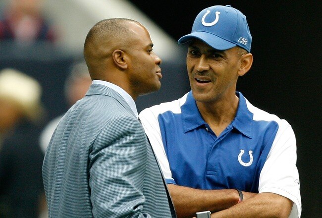 HOUSTON - SEPTEMBER 23:  Indianapolis Colts head coach Tony Dungy chats with Houston Texans general manager Rick Smith before the start of the game between the Indianapolis Colts and the Houston Texans on September 23, 2007 at Reliant Stadium in Houston, Texas.  (Photo by Bob Levey/Getty Images)