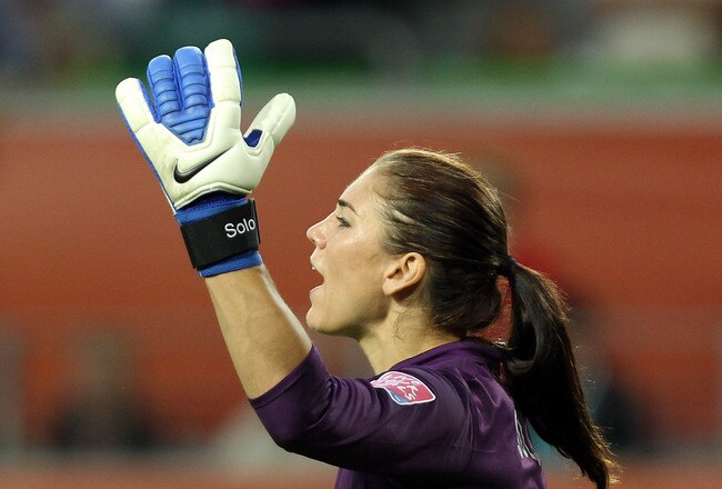 WOLFSBURG, GERMANY - JULY 06: Hope Solo, goalkeeper of USA reacts during the FIFA Women's World Cup 2011 Group C match between Sweden and USA at Wolfsburg Arena on July 6, 2011 in Wolfsburg, Germany. (Photo by Martin Rose/Getty Images)