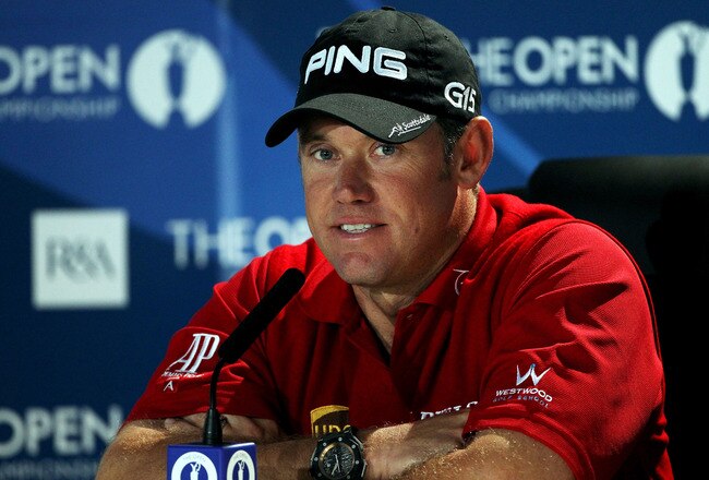 SANDWICH, ENGLAND - JULY 12:  Lee Westwood of England answers questions at a press conference during the second practice round during The Open Championship at Royal St. George's on July 12, 2011 in Sandwich, England. The 140th Open begins on July 14, 2011.  (Photo by Andrew Redington/Getty Images)
