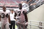 GLENDALE, AZ - SEPTEMBER 26:  (L-R) Marcel Reece #45, Mike Mitchell #34 and Bruce Campbell #73 of the Oakland Raiders before the NFL game against the Arizona Cardinals at the University of Phoenix Stadium on September 26, 2010 in Glendale, Arizona.  The Cardinals defeated the Raiders 24-23.  (Photo by Christian Petersen/Getty Images)
