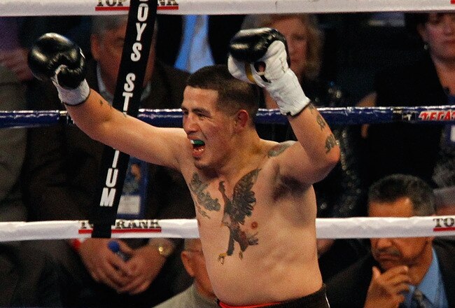 ARLINGTON, TX - NOVEMBER 13:  Brandon Rios (brown trunks) celebrates after he won his match against Omri Lowther during their Super Lightweight bout at Cowboys Stadium on November 13, 2010 in Arlington, Texas.  (Photo by Tom Pennington/Getty Images)