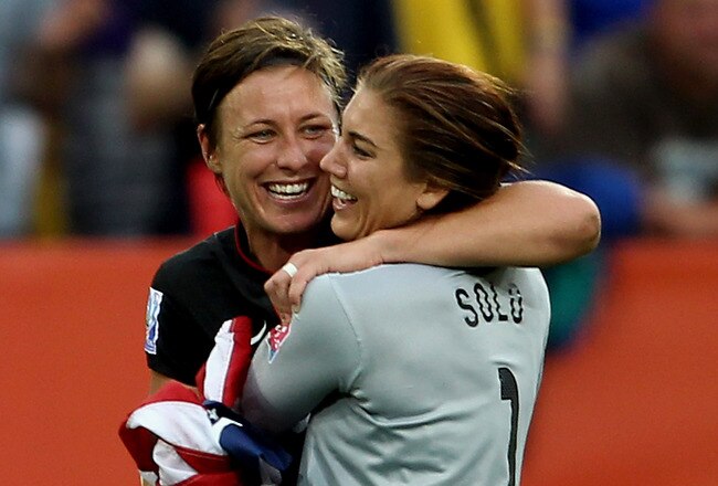 DRESDEN, GERMANY - JULY 10:  Hope Solo of USA (R) celebrates with Abby Wambach after victory in the penalty shoot out during the Women's World Cup Quarter Final match between Brazil and USA at Rudolf-Harbig Stadium on July 10, 2011 in Dresden, Germany.  (Photo by Scott Heavey/Getty Images)