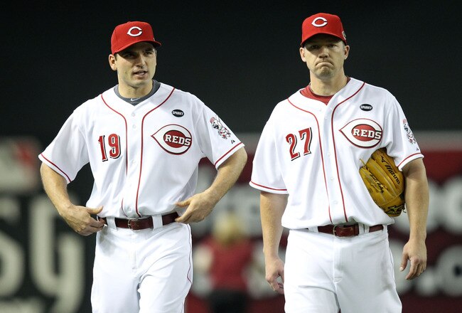PHOENIX, AZ - JULY 12:  National League All-Star Joey Votto #19 of the Cincinnati Reds and National League All-Star Scott Rolen #27 of the Cincinnati Reds stand in the field during batting practice before the start of the 82nd MLB All-Star Game at Chase Field on July 12, 2011 in Phoenix, Arizona.  (Photo by Christian Petersen/Getty Images)