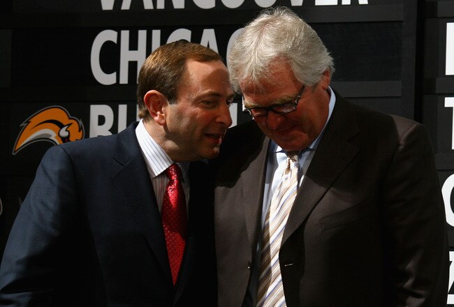 OTTAWA, ON - JUNE 20:  NHL commissioner, Gary Bettman speaks with New York Rangers general manager Glen Sather during the 2008 NHL Entry Draft at Scotiabank Place on June 20, 2008 in Ottawa, Ontario, Canada.  (Photo by Bruce Bennett/Getty Images)