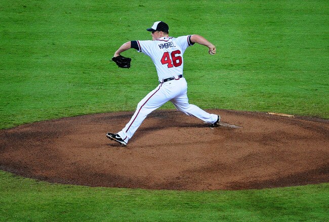 ATLANTA - JULY 4:  Craig Kimbrel #46 of the Atlanta Braves pitches against the Colorado Rockies at Turner Field on July 4, 2011 in Atlanta, Georgia. (Photo by Scott Cunningham/Getty Images)