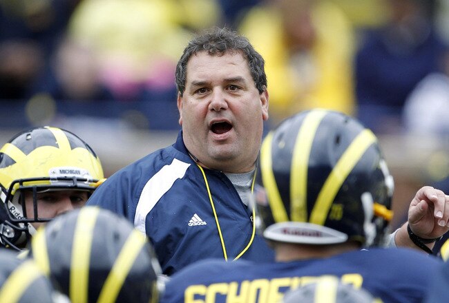 ANN ARBOR, MI - APRIL 16: Head football coach Brady Hoke talks with his team during the annual Spring Game at Michigan Stadium on April 16, 2011 in Ann Arbor, Michigan. (Photo by Leon Halip/Getty Images)