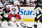PITTSBURGH, PA - FEBRUARY 8:  Kristian Huselius #20 of the Columbus Blue Jackets skates with the puck against the Pittsburgh Penguins on February 8, 2011 at CONSOL Energy Center in Pittsburgh, Pennsylvania.  (Photo by Jamie Sabau/Getty Images)
