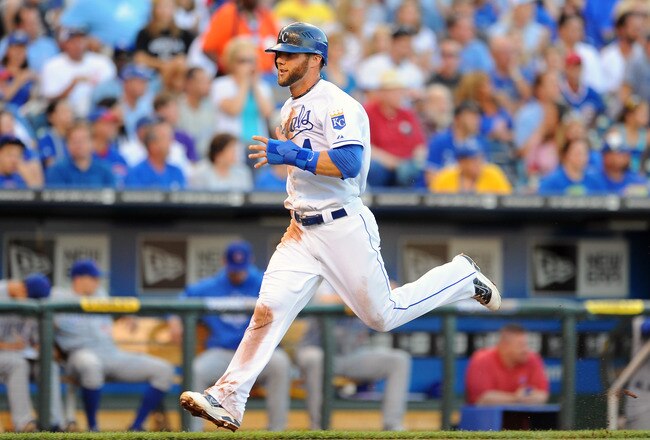 KANSAS CITY, MO - JUNE 24:  Alex Gordon #4 of the Kansas City Royals runs in to score a run in the second inning against the Chicago Cubs at Kauffman Stadium on June 24, 2011 in Kansas City, Missouri. (Photo by G. Newman Lowrance/Getty Images)