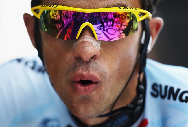 LUZ-ARDIDEN, FRANCE - JULY 14:  Alberto Contador of Spain and Saxo Bank Sungard catches his breath after finishing stage twelve of the 2011 Tour de France from Cugnaux to Luz-Ardiden on July 14, 2011 in Luz-Ardiden, France.  (Photo by Bryn Lennon/Getty Images)