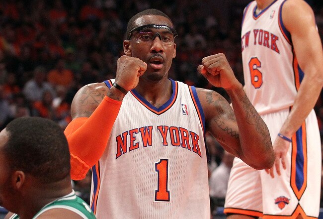 NEW YORK, NY - APRIL 24:  Amar'e Stoudemire #1 of the New York Knicks reacts in the first quarter against the Boston Celtics in Game Four of the Eastern Conference Quarterfinals during the 2011 NBA Playoffs on April 24, 2011 at Madison Square Garden in New York City. NOTE TO USER: User expressly acknowledges and agrees that, by downloading and or using this photograph, User is consenting to the terms and conditions of the Getty Images License Agreement  (Photo by Nick Laham/Getty Images)