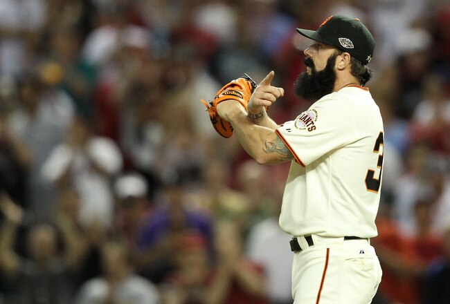 PHOENIX, AZ - JULY 12:  National League All-Star Brian Wilson #38 of the San Francisco Giants reacts after making the save in the 82nd MLB All-Star Game at Chase Field on July 12, 2011 in Phoenix, Arizona. The National League defeated the American League 5-1. (Photo by Christian Petersen/Getty Images)
