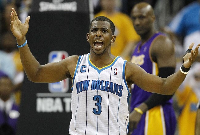 NEW ORLEANS - APRIL 24:  Chris Paul #3 of the New Orleans Hornets reacts to a call during a game with the Los Angeles Lakers in Game Four of the Western Conference Quarterfinals in the 2011 NBA Playoffs at New Orleans Arena on April 24, 2011 in New Orleans, Louisiana. NOTE TO USER: User expressly acknowledges and agrees that, by downloading and or using this Photograph, user is consenting to the terms and conditions of the Getty Images License Agreement.  (Photo by Jeff Zelevansky/Getty Images)