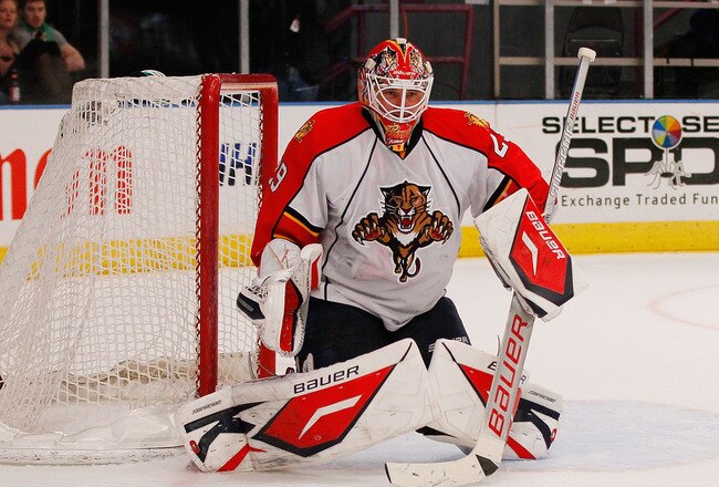 NEW YORK - MARCH 22:  Tomas Vokoun #29 of the Florida Panthers skates against the New York Rangers on March 22, 2011 at Madison Square Garden in New York City, New York. Rangers defeated the Islanders 1-0.  (Photo by Mike Stobe/Getty Images)