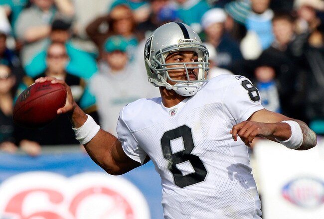 JACKSONVILLE, FL - DECEMBER 12:  Jason Campbell #8 of the Oakland Raiders attempts a pass during the game against the Jacksonville Jaguars at EverBank Field on December 12, 2010 in Jacksonville, Florida.  (Photo by Sam Greenwood/Getty Images)