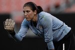 CLEVELAND - MAY 22:  Hope Solo #1 of the United States calls out to her teammates during the game against Germany on May 22, 2010 at Browns Stadium in Cleveland, Ohio.  (Photo by Jared Wickerham/Getty Images)