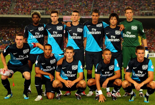 KUALA LUMPUR, MALAYSIA - JULY 13: Arsenal poses before kick off during the pre-season Asian Tour friendly match between Malaysia and Arsenal at Bukit Jalil National Stadium on July 13, 2011 in Kuala Lumpur, Malaysia.  (Photo by Stanley Chou/Getty Images)